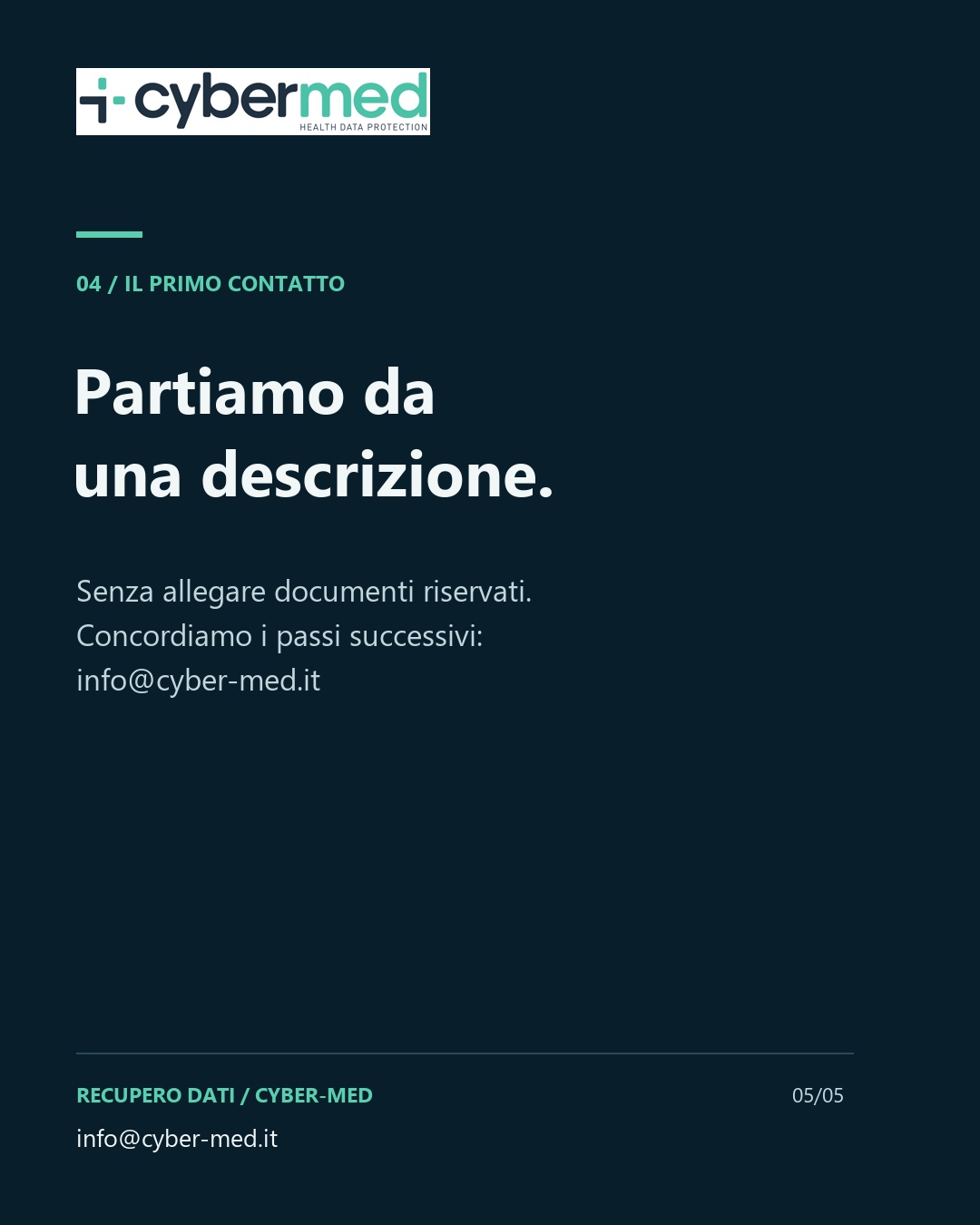Start with a description, without confidential attachments. Agree on the next steps: info@cyber-med.it