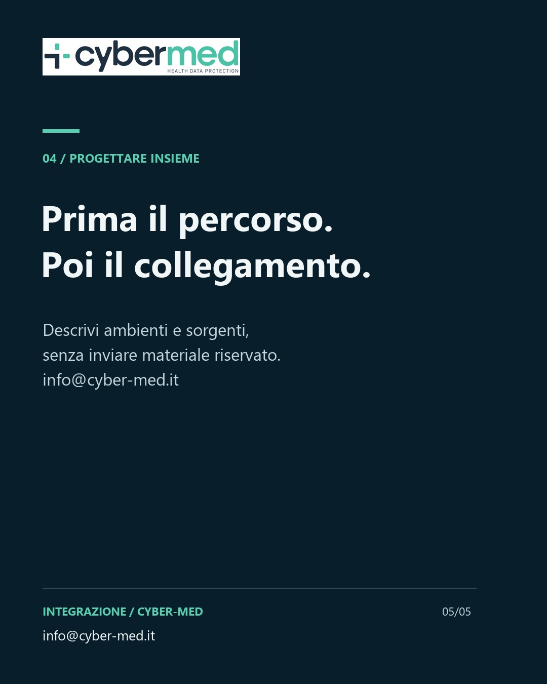 Prima il percorso. Poi il collegamento. Descrivi ambienti e sorgenti, senza inviare materiale riservato. info@cyber-med.it