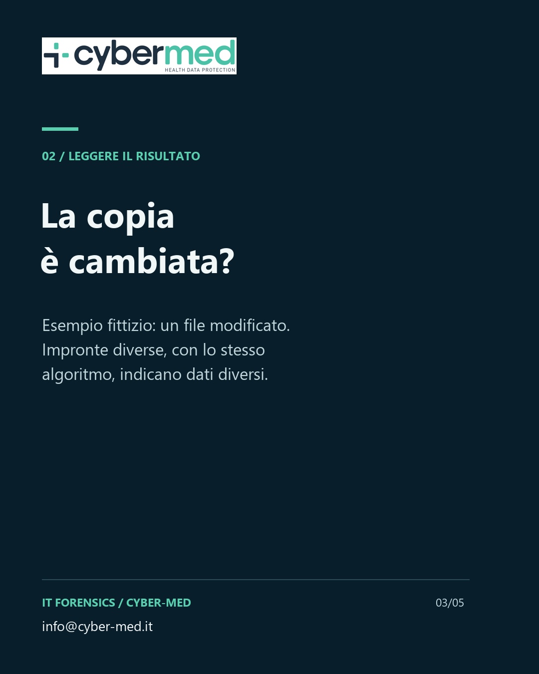 La copia è cambiata? Esempio fittizio: un file modificato. Impronte diverse, con lo stesso algoritmo, indicano dati diversi.
