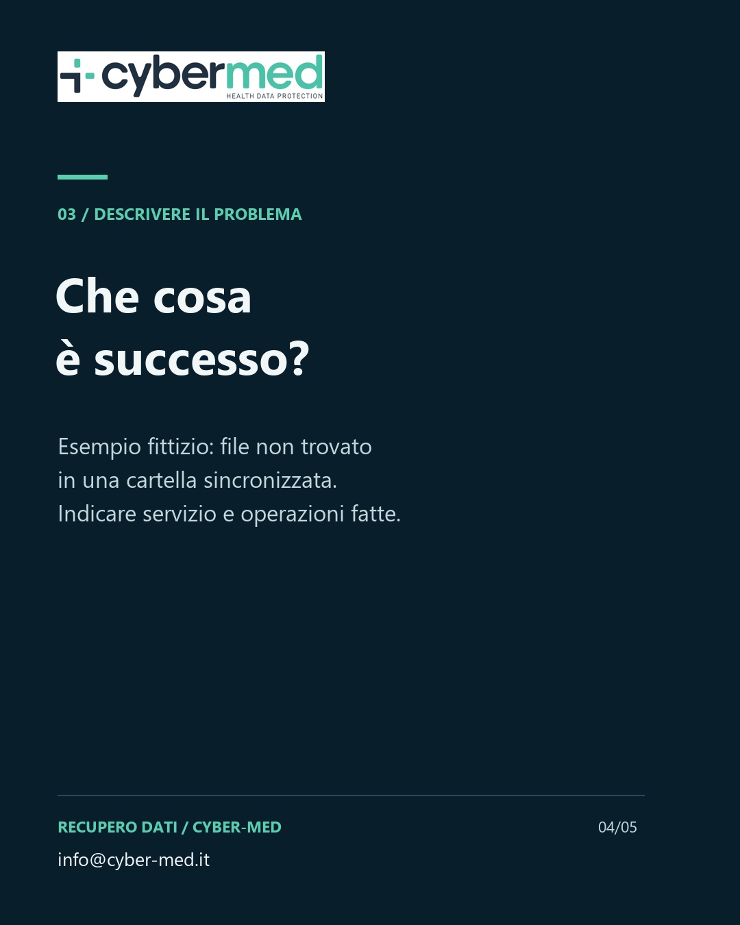 What happened? Fictional example: a missing file in a synced folder. Describe the service and actions already taken.